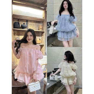 đầm nữ chất voan tơ xốp trễ vai đính nơ tay phồng váy xoè bí 2 tầng HQ