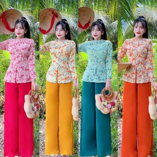 Bộ bà ba hoa đính Ngọc phối hàng nút bọc xinh chất mango cao cấp