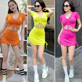 Đồ tập gym nữ, set đồ tập erobic đi biển dã ngoại đi bơi nữ chân váy 2 lớp áo croptop rút dây