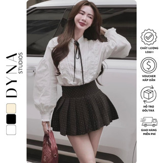 Set áo sơ mi trắng dài tay nhún bèo nơ cổ 𝐀𝐒𝐇𝐘𝐋𝐄𝐘 phối chân váy xếp ly đính đá ngọt ngào
