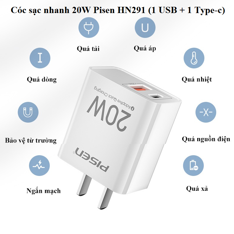 Cóc Sạc Nhanh 20W Pisen HN291 (1 USB + 1 Type-C) và Cáp Sạc Nhanh 18W 3 đầu Pisen AP06