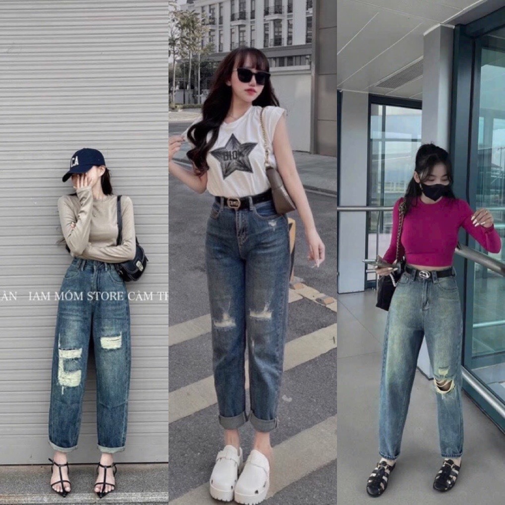 Quần jean bò baggy ống suông rộng xuông nữ đứng rách jeans cạp cao phong cách Hàn Quốc