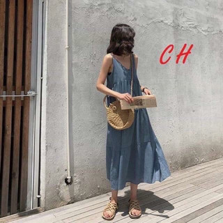 Váy denim maxi 2 dây