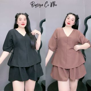 Set bigsize nữ gồm áo kiểu tay bồng dáng baby doll có dây nơ kèm quần đùi dáng chữ A-SET59