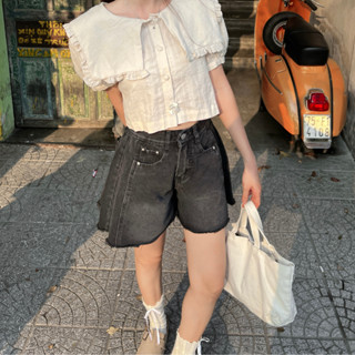  Quần jean bò short đùi nữ hoạ tiết dáng xoè cạp lưng cao không co giãn Meisy SHORTXOE 