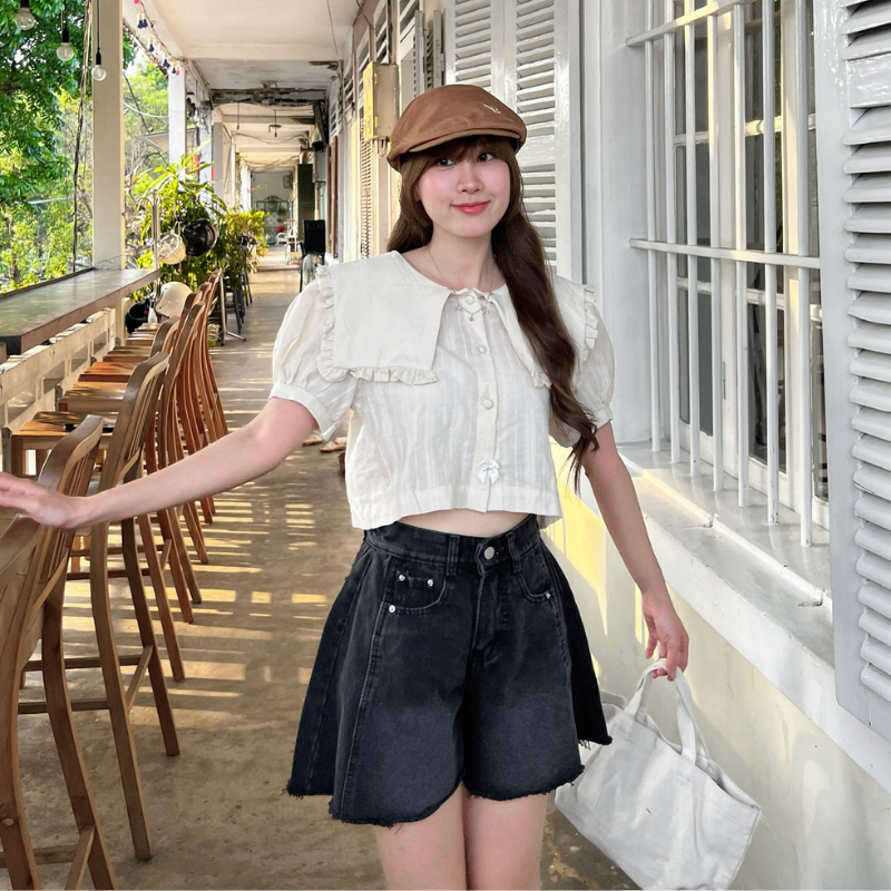 Quần jean bò short đùi nữ hoạ tiết dáng xoè cạp lưng cao không co giãn Meisy SHORTXOE | BigBuy360 - bigbuy360.vn