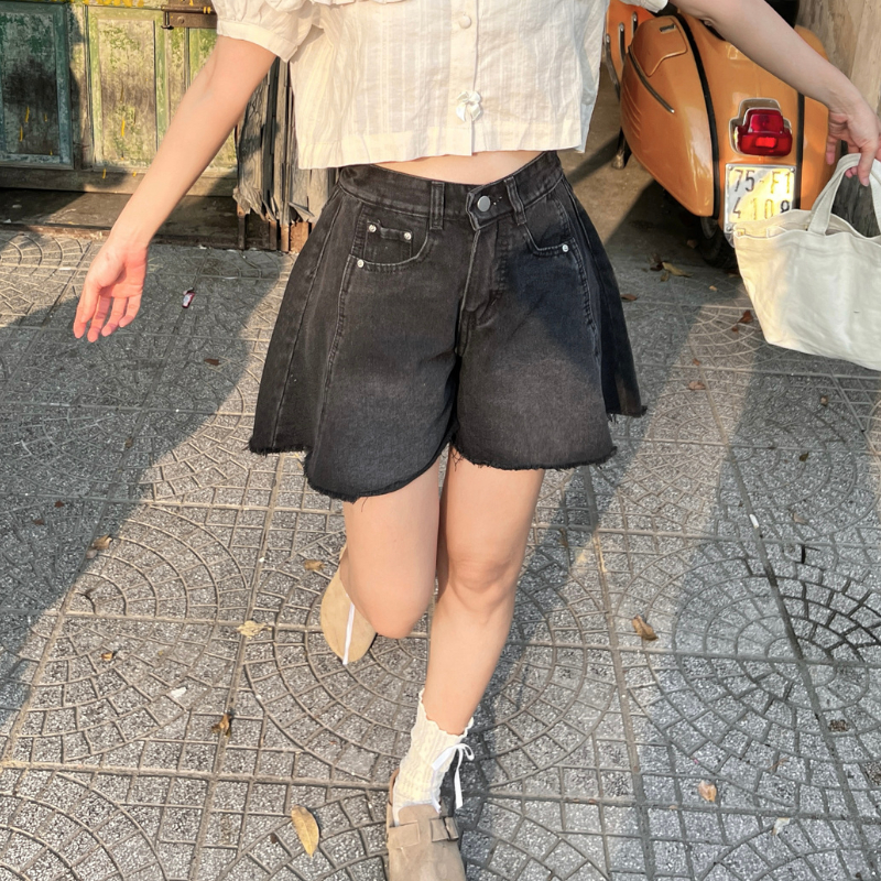 Quần jean bò short đùi nữ hoạ tiết dáng xoè cạp lưng cao không co giãn Meisy SHORTXOE | BigBuy360 - bigbuy360.vn