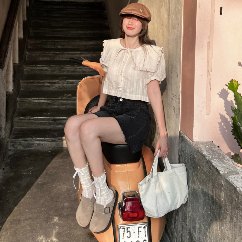 Quần jean bò short đùi nữ hoạ tiết dáng xoè cạp lưng cao không co giãn Meisy SHORTXOE | BigBuy360 - bigbuy360.vn