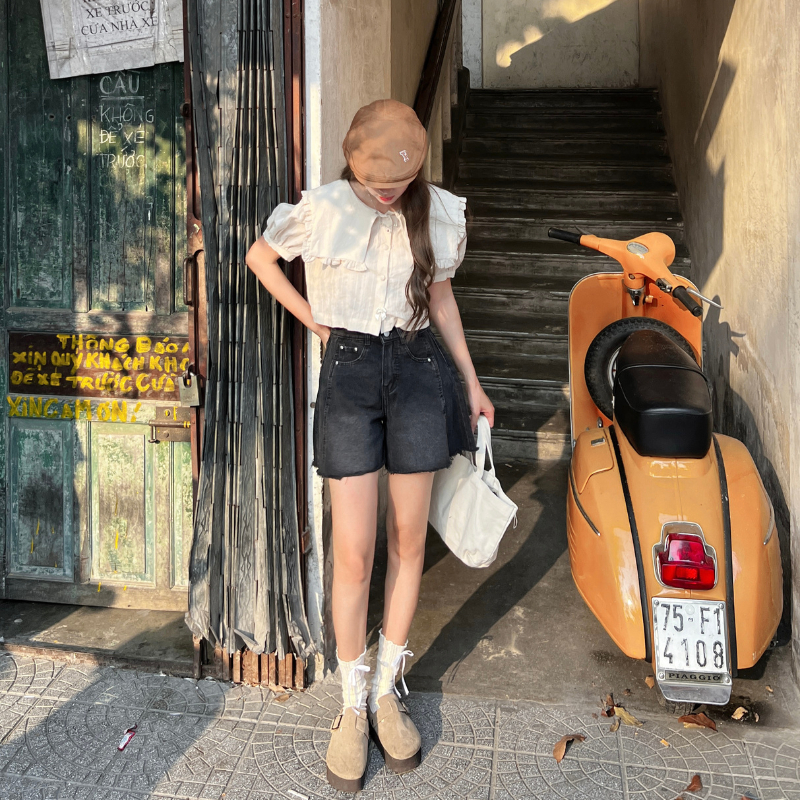 Quần jean bò short đùi nữ hoạ tiết dáng xoè cạp lưng cao không co giãn Meisy SHORTXOE | BigBuy360 - bigbuy360.vn