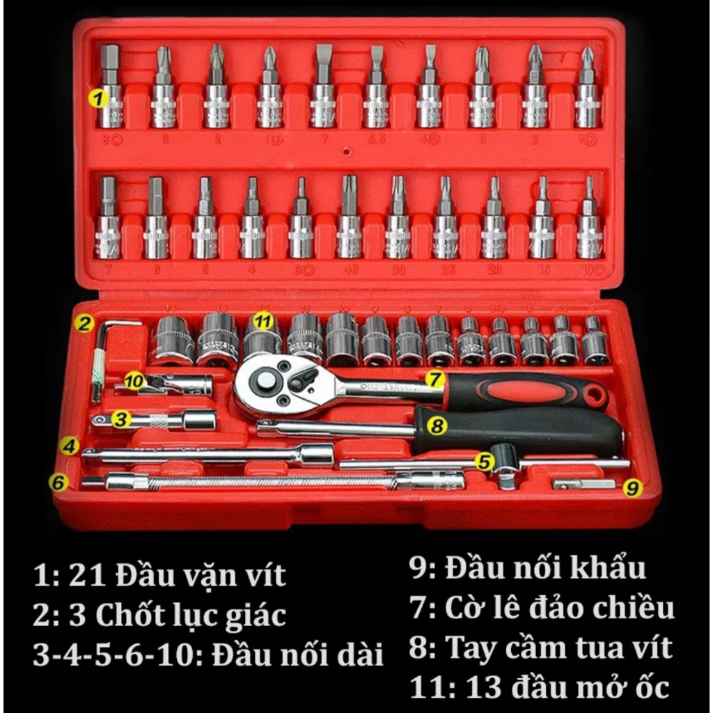 Bộ dụng cụ mở bulong ốc vít đa năng 46 chi tiết, Không han gỉ, Bộ dụng cụ sửa chữa oto xe máy 46 món