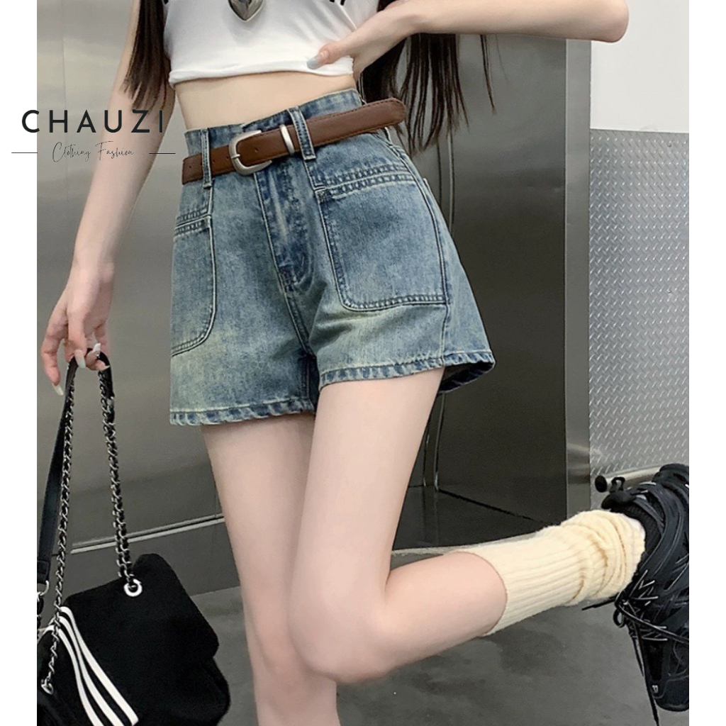 Quần Short Denim Chauzi Lưng Cao Phối Túi Trước Cho Nữ Cao Cấp Phong Cách Thời Trang Hàn Quốc QS247