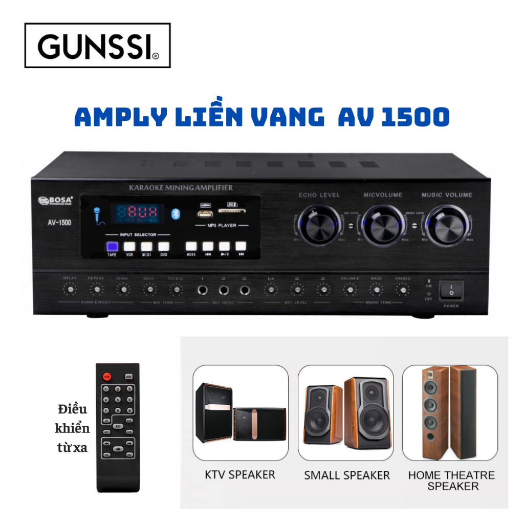 Amply Karaoke Gunssi AV-1500 có cục đẩy liền vang. Công suất lớn 150w*2. Hỗ trợ nhiều cổng đầu vào âm thanh, 5 cổng mic.