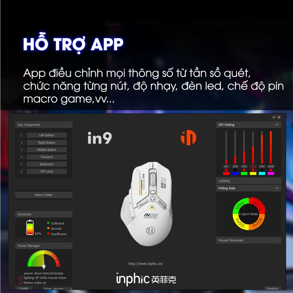 Chuột không dây gaming SIDOTECH INPHIC IN9 bluetooth 3 mode pin sạc có app 6 nút 1000hz máy tính led RGB hiển thị pin | BigBuy360 - bigbuy360.vn