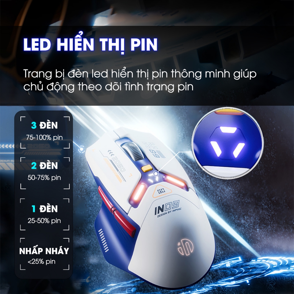 Chuột không dây gaming SIDOTECH INPHIC IN9 bluetooth 3 mode pin sạc có app 6 nút 1000hz máy tính led RGB hiển thị pin | BigBuy360 - bigbuy360.vn