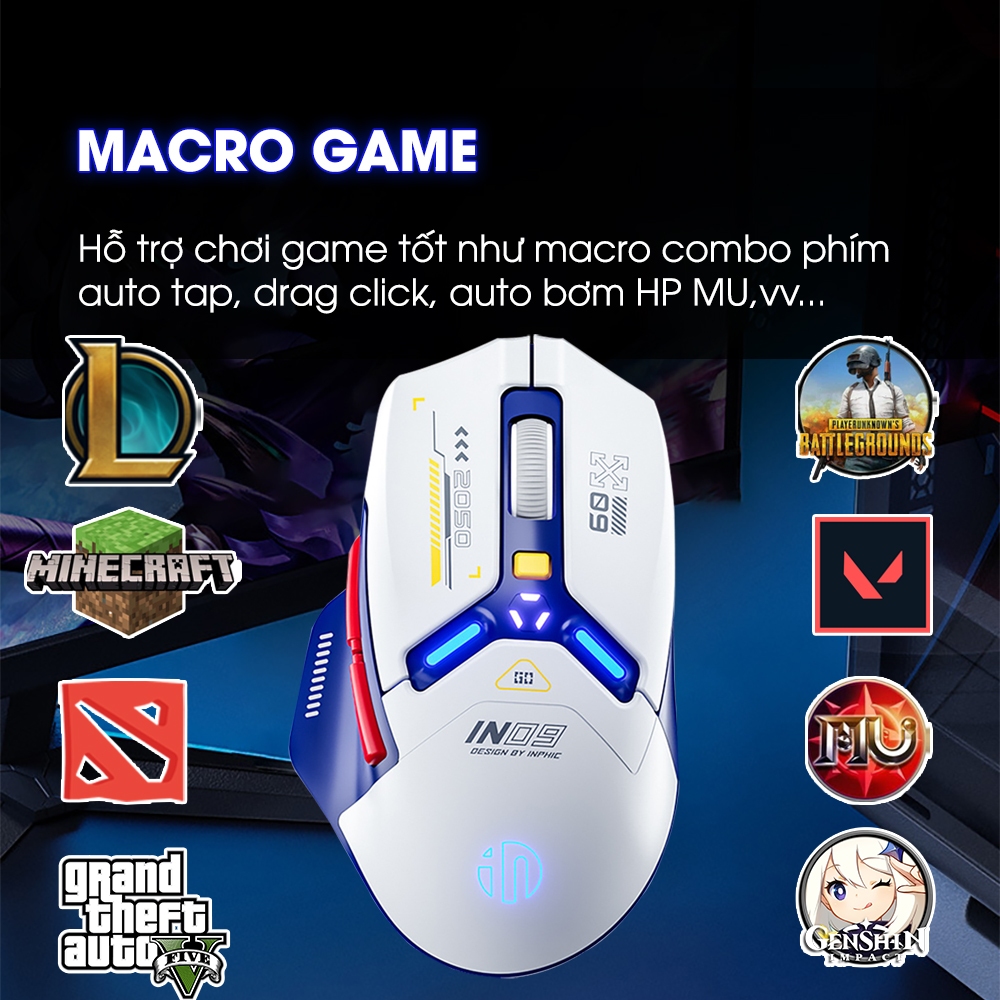 Chuột không dây gaming SIDOTECH INPHIC IN9 bluetooth 3 mode pin sạc có app 6 nút 1000hz máy tính led RGB hiển thị pin | BigBuy360 - bigbuy360.vn