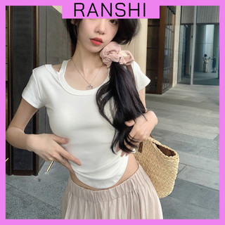 (CÓ SIZE) Áo Thun Kiểu Phối Cổ Yếm RANSHI Thiết Kế Nhún Eo Style Nữ Tính Chất Thun Mát Co Giãn Tốt - RA217