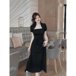 Váy Zip Cổ Vuông Cộc Tay Thời Trang Cho Bạn Nữ