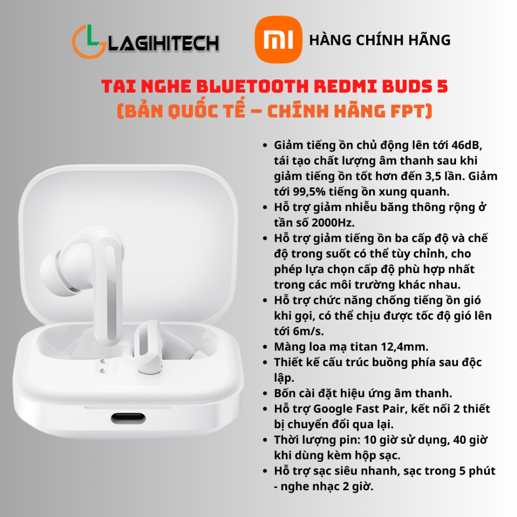 Tai Nghe Bluetooth True Wireless Xiaomi Redmi Buds 5 (Bản Quốc Tế – Hàng Chính Hãng FPT)