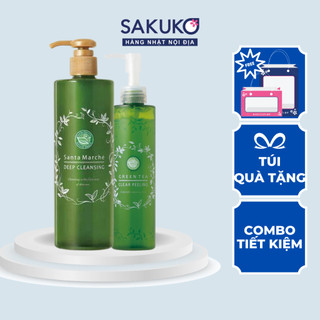 Combo gel tẩy trang & tẩy da chết Santa Marche, chiết xuất trà xanh nội địa Nhật