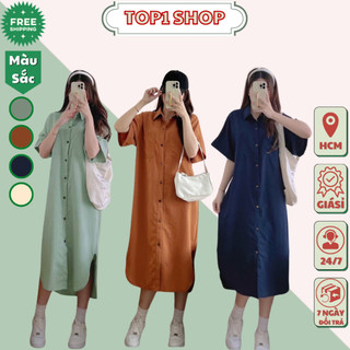Váy Sơ Mi Dáng Dài Tay Cộc Cổ Bẻ Mẫu Hot 2024 Đầm Bầu Chất Đũi Basic Phù Hợp Với Mọi Lứa Tuổi - T1S