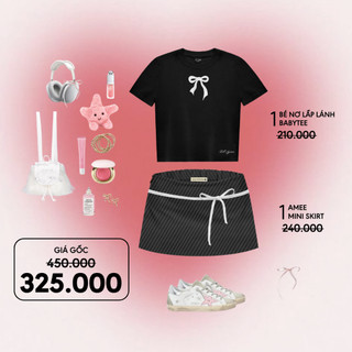  Mua 1 Áo Babytee Bé Nơ Lấp Lánh Đen + 1 Chân váy AMee Kẻ Đen thắt nơ Kill System