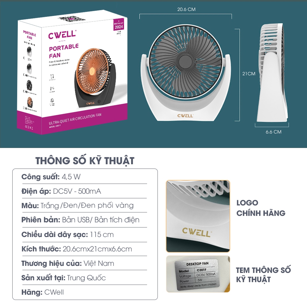 Quạt mini tích điện để bàn tới 10H, quạt sạc usb cầm tay CWell không ồn, pin khủng | BigBuy360 - bigbuy360.vn