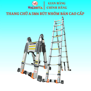 Thang nhôm rút đôi chữ A VICHITA Dài 5M6 (2.8M + 2.8M) - Bản Cao Cấp, sản xuất theo công nghệ Nhật Bản, Bảo hành 2 năm