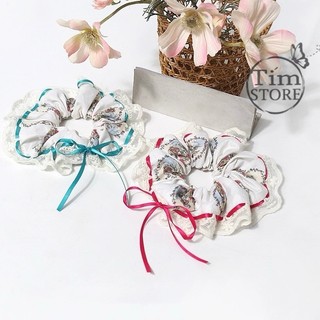 Dây cột tóc scrunchies viền ren phối nơ ruy băng TIMSTORE phụ kiện buộc tóc phong cách vintage hàn