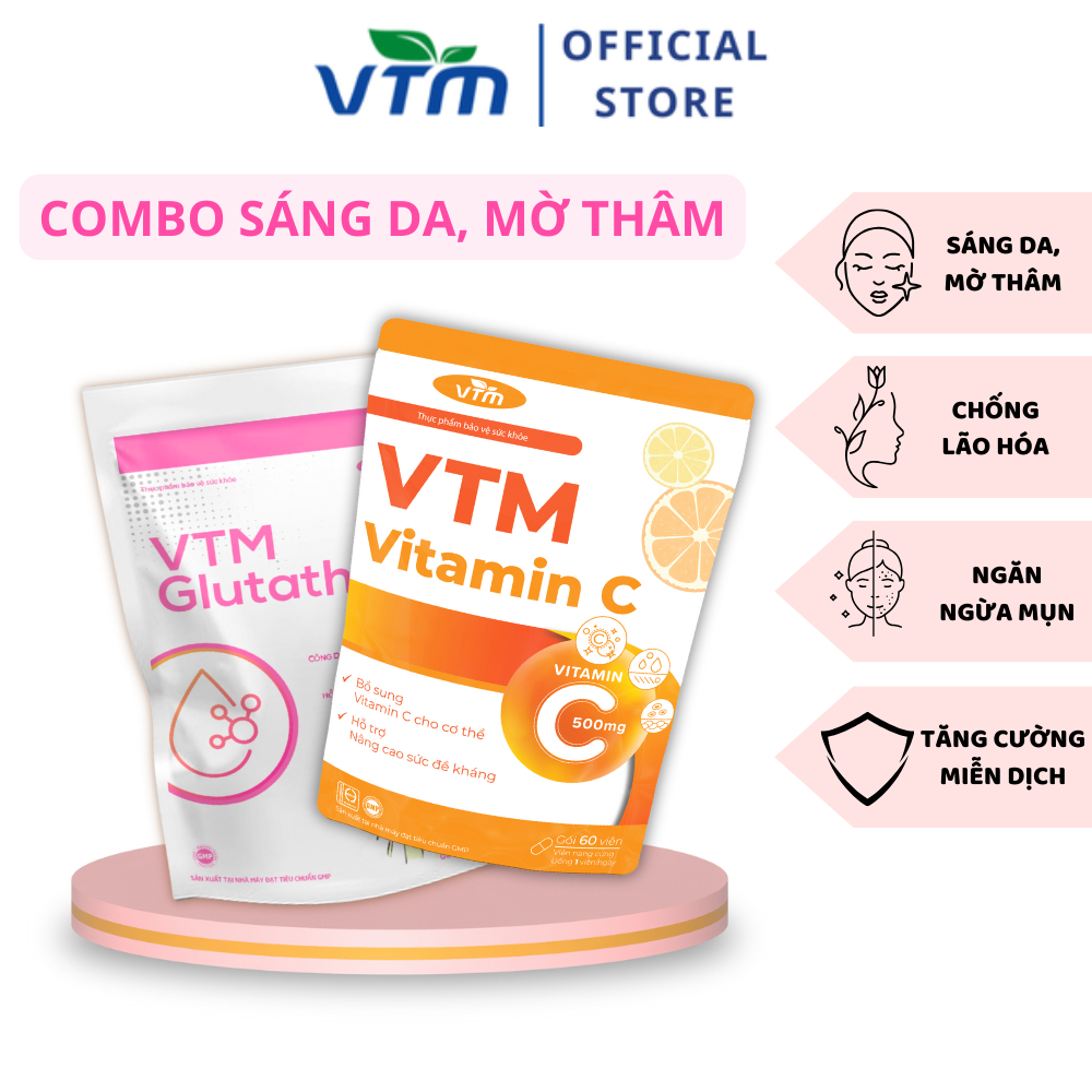 Combo Viên Uống VTM Vitamin C + VTM Glutathione sáng da, mờ thâm, tăng cường đề kháng