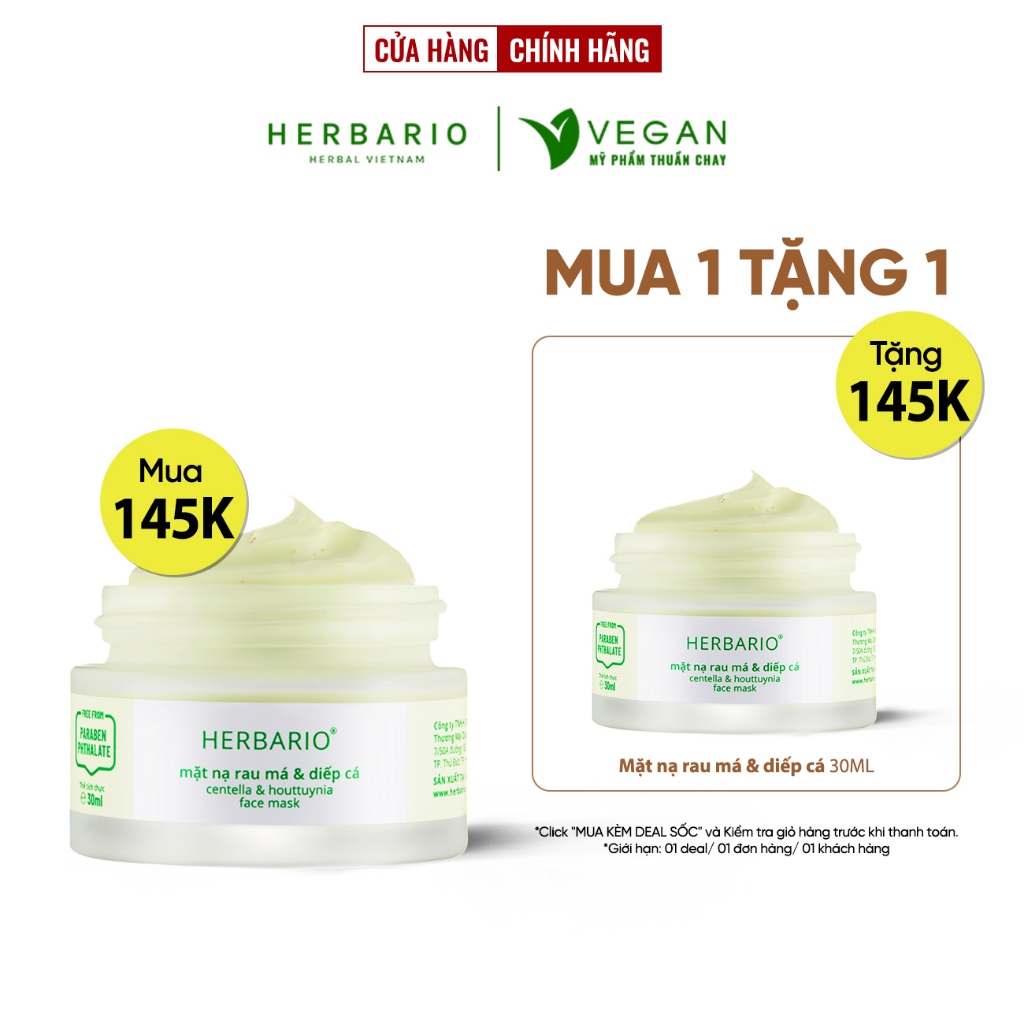 Mặt nạ Rau má & Diếp cá herbario 30ml sạch mụn - VEGAN - Mỹ phẩm thuần chay