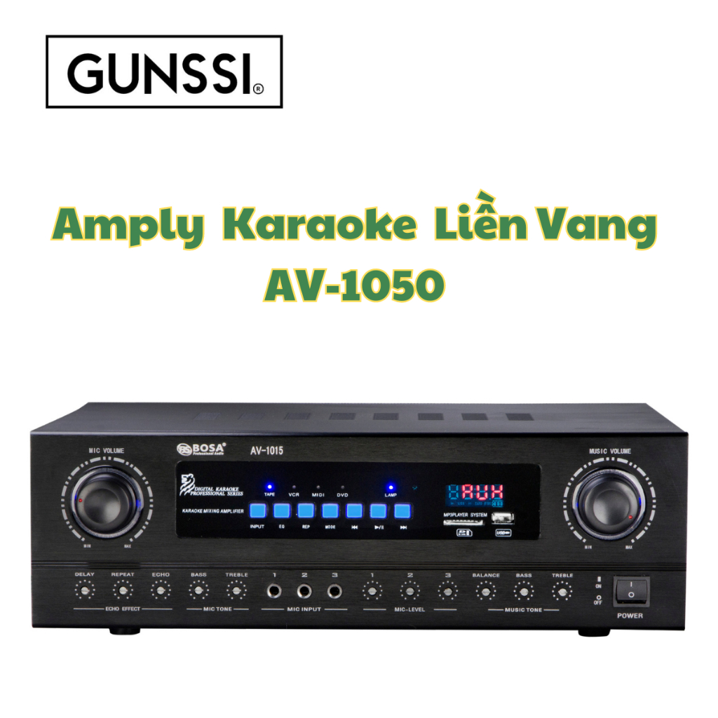 Amply Karaoke Gunssi AV-1015 tích hợp Cục Đẩy Liền Vang, Công suất 80W*2. Bảo Hành 12 tháng.