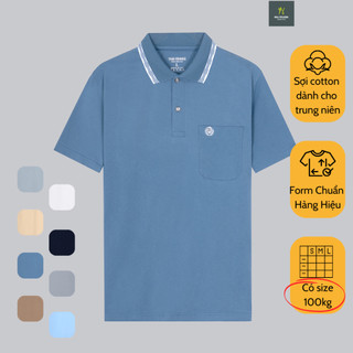 Áo thun nam trung niên ngắn tay Thái Khang vải cotton form rộng sọc cổ ATHUN12