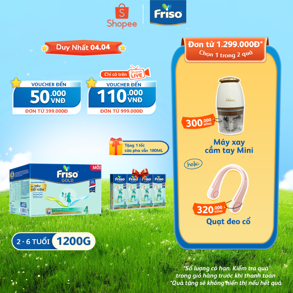 [Tặng 1 lốc RTD 180ml] Sữa Bột Friso Gold 4 Hộp Giấy 1200G