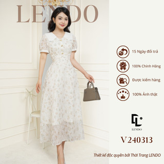 Đầm Váy Công Sở LENDO V240313 Dáng Dài Xòe A Tay Ngắn Phối Cổ Sen Nhọn Đính Đá
