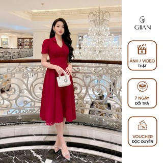 Váy công sở đỏ dáng dài sơ mi thiết kế Giian cổ V cách điệu nhún eo đính cúc bọc cao cấp - VA0755