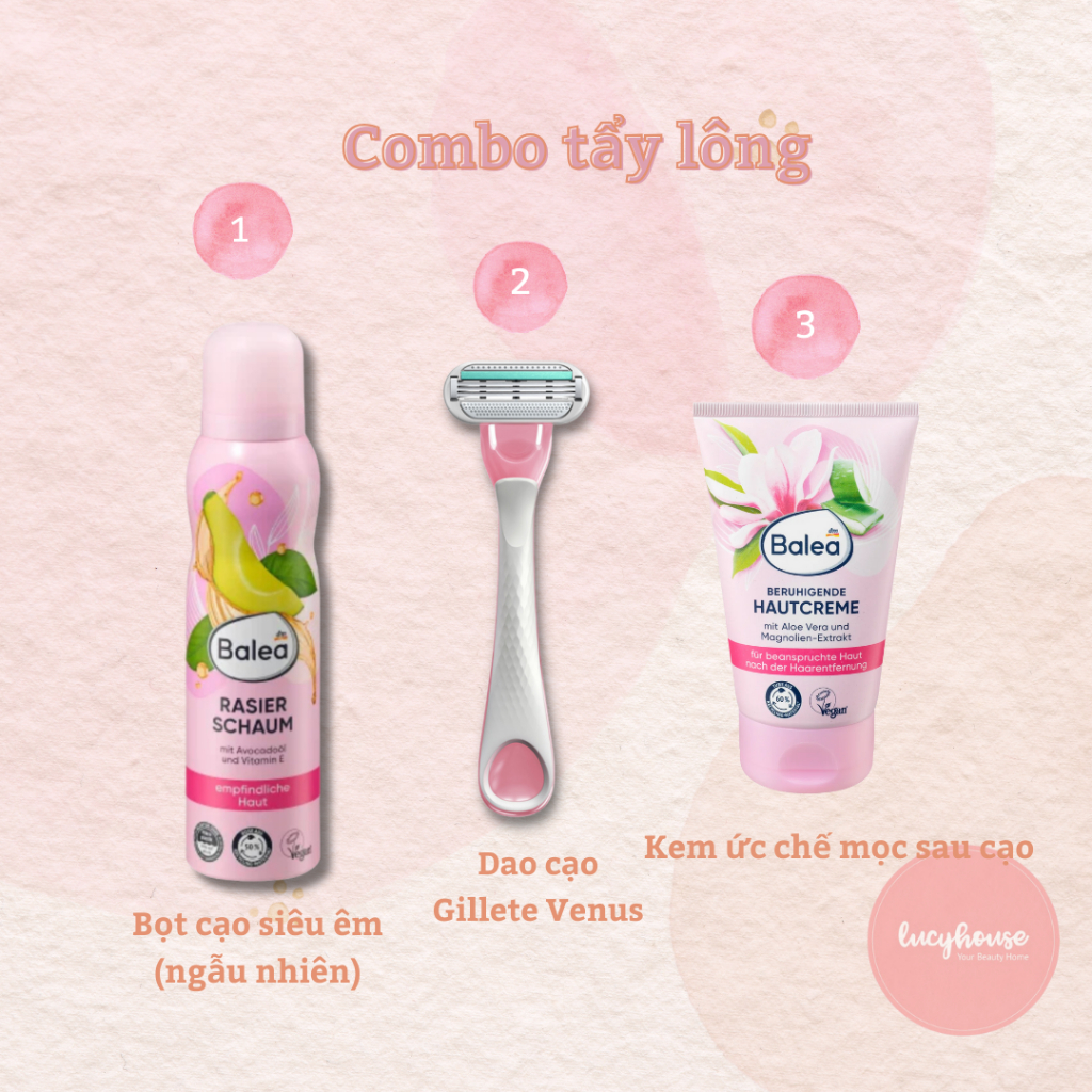 (Che tên) Combo bọt cạo lông + dao cạo + kem dưỡng làm chậm mọc lông Balea Đứ