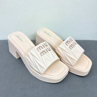 Dép cao gót nữ đế 7cm chữ MIUMIU , dép quai ngang nhăn nữ đúc cao su