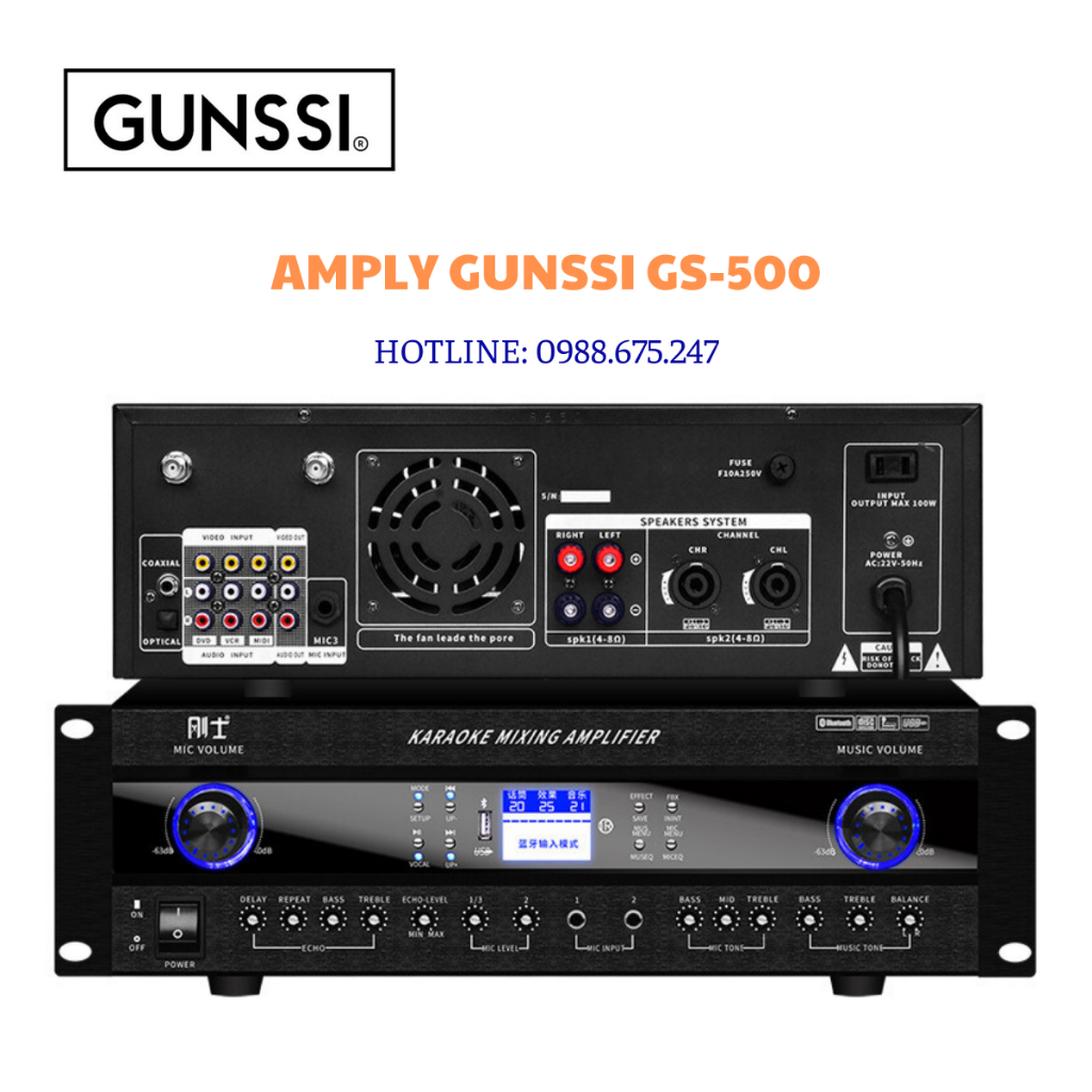 Amply GUNSSI GS- 500 kèm micro và điều khiển từ xa, Amply liền vang kết nối Bluetooth hát karaoke chuyên nghiệp.