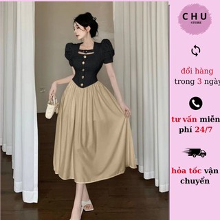 Đầm Tiểu Thư Dáng Dài Tay Bồng CHU-STORE  Phong Cách Dễ Thương Thanh Lịch