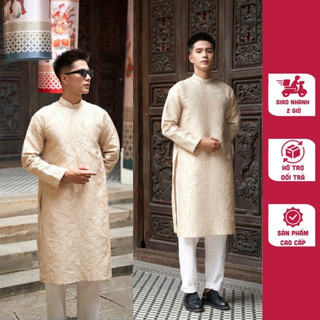 Áo dài nam cách tân cổ tàu chất liệu gấm vân hoa ly thiết kế cao cấp màu be tao nhã - M05
