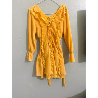 <si tuyển> Váy đầm tay dài phối bèo dễ thương/ màu vàng size S