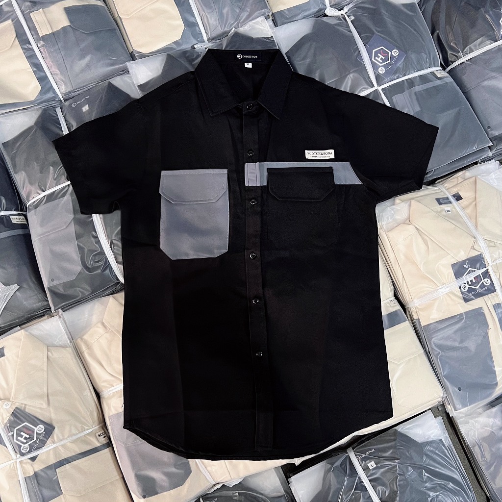 Áo sơ mi nam nữ tay ngắn lụa co dãn thoáng mát thêu túi phối chữ mẫu mới đẹp chuẩn hàng shop Thành_Store