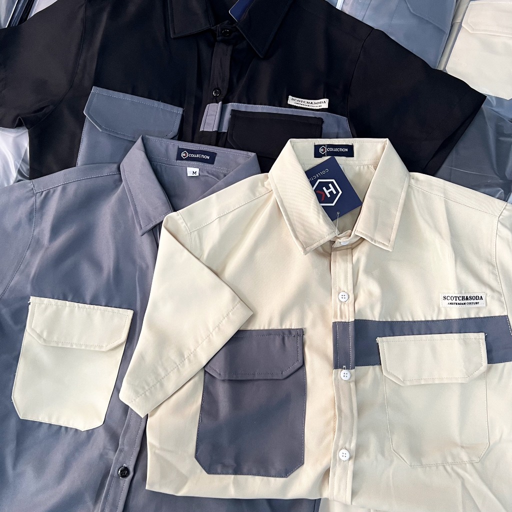 Áo sơ mi nam nữ tay ngắn lụa co dãn thoáng mát thêu túi phối chữ mẫu mới đẹp chuẩn hàng shop Thành_Store