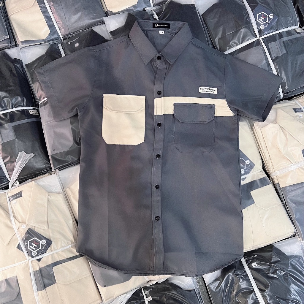 Áo sơ mi nam nữ tay ngắn lụa co dãn thoáng mát thêu túi phối chữ mẫu mới đẹp chuẩn hàng shop Thành_Store