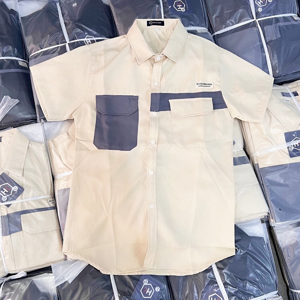 Áo sơ mi nam nữ tay ngắn lụa co dãn thoáng mát thêu túi phối chữ mẫu mới đẹp chuẩn hàng shop Thành_Store