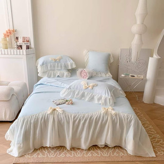 Bộ chăn ga gối cotton đũi bèo ren sang chảnh nhất 2024