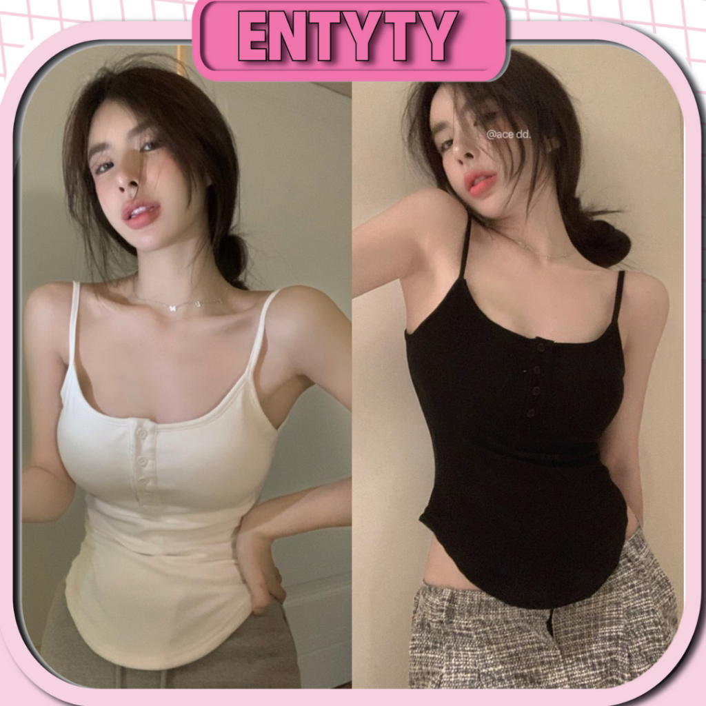 Áo Hai Dây Nữ 3 Cúc Mẫu Mới 2024 Thiết kế vạt bầu xinh xắn ENTYTY shop, Áo tank top hở cổ đáy