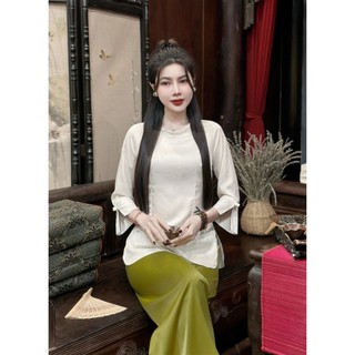Pháp phục đi chùa, đồ bộ lam đi chùa nữ chất liệu gấm hoa cổ tròn đính ngọc cao cấp - Pháp phục Tịnh Tâm