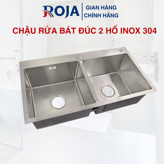 Chậu rửa chén bát đúc 2 hố inox304 korea, bồn rửa chén cân lệch 2 hộc, dày 3.5mm cao cấp roja
