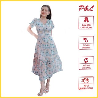 Váy Đầm Xoè Maxi Công Sở Đi Biển Cổ Tim Phụ Kiện Bông Ngực PL42